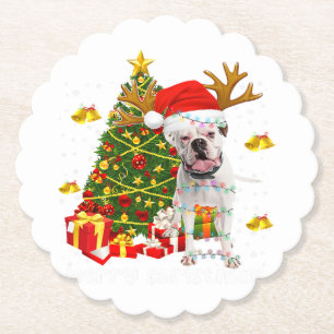 White Boxer Dog Christmas Lights Tree Santa hat Paper Coaster