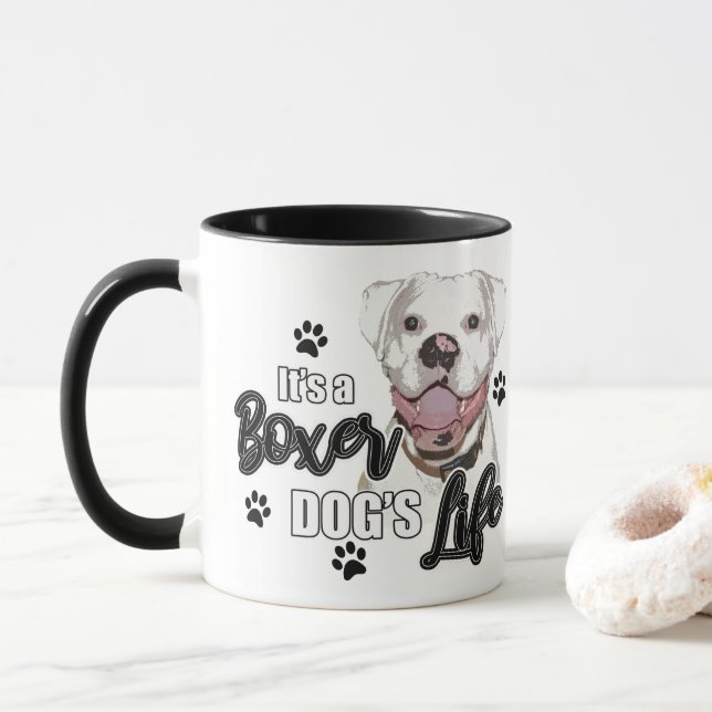 White Boxer Dog Coffee Cut Mug (With Donut)