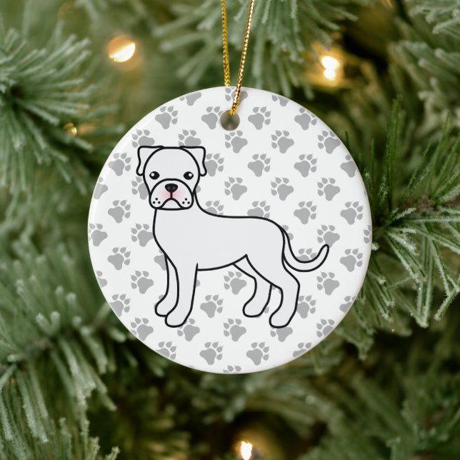 White Boxer Dog Cute Illustration & Paws Ceramic Tree Decoration (Tree)