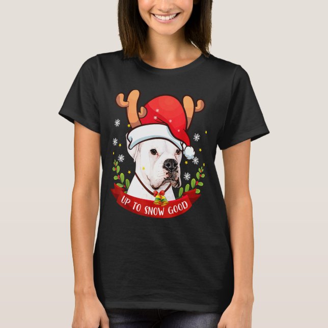 White Boxer Dog Reindeer Christmas Gift Boys Girls T-Shirt (Front)