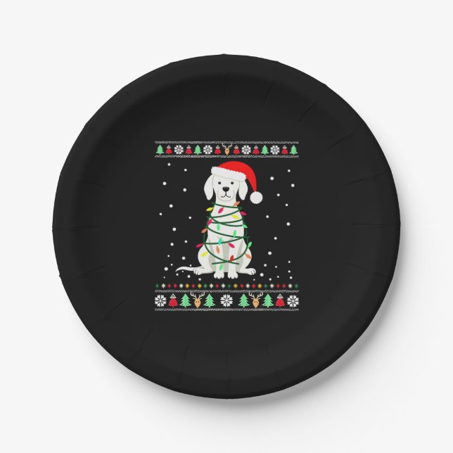White Boxer Dog Ugly Christmas Sweater Funny Xmas  Paper Plate (Front)