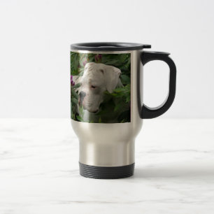 White Boxer in Pink Rhodies Travel Mug