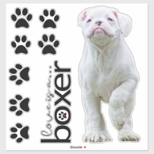 White Boxer Puppy and Dog Paw Stickers