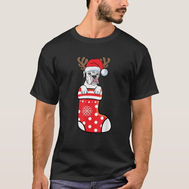 White Boxer Santa Dog On Christmas Sock Merry Xmas T-Shirt (Front)