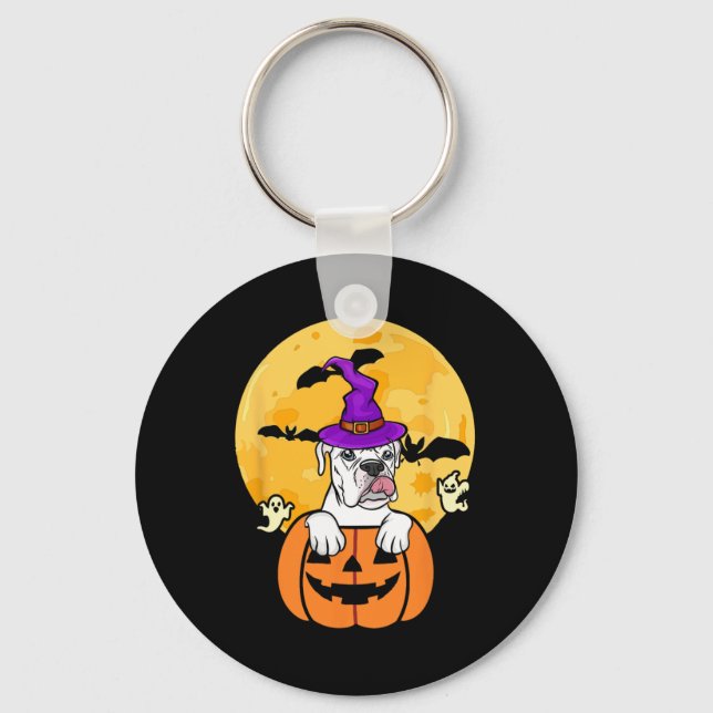White Boxer Witch Dog Lover Halloween Costume  Key Ring (Front)