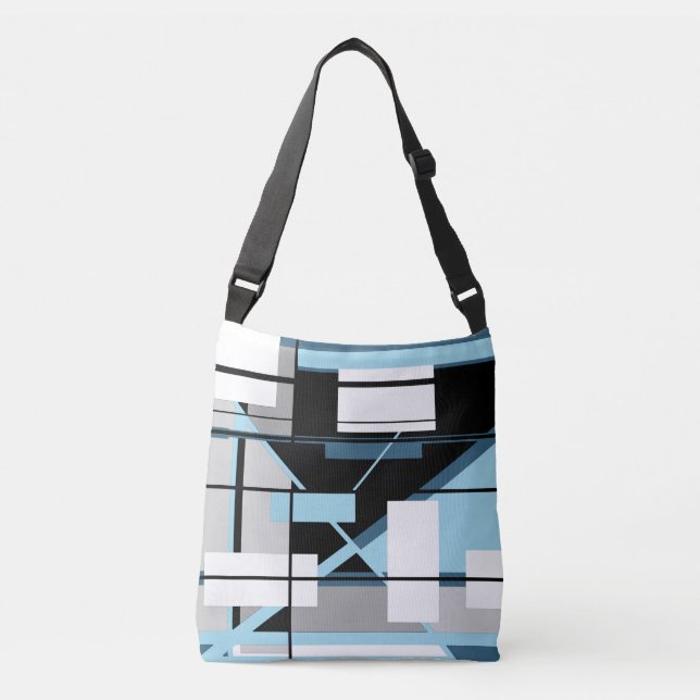 White Boxes in Blue, Grey, Black Geometric Design Crossbody Bag (Front)