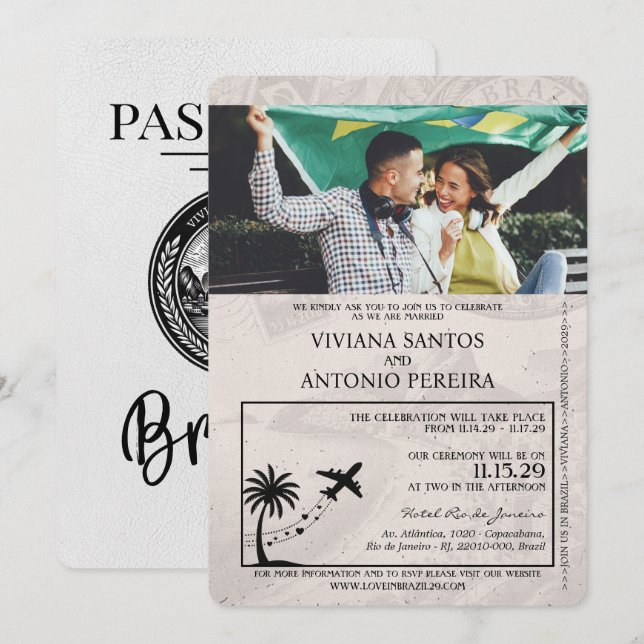 White Brazil Passport Wedding Invitation (Front/Back)