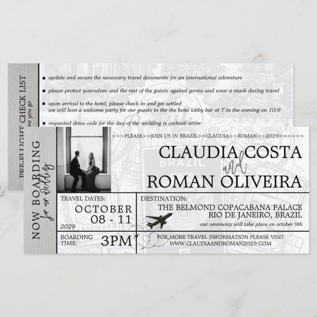 White Brazil Wedding Boarding Pass Invitation (Front/Back)