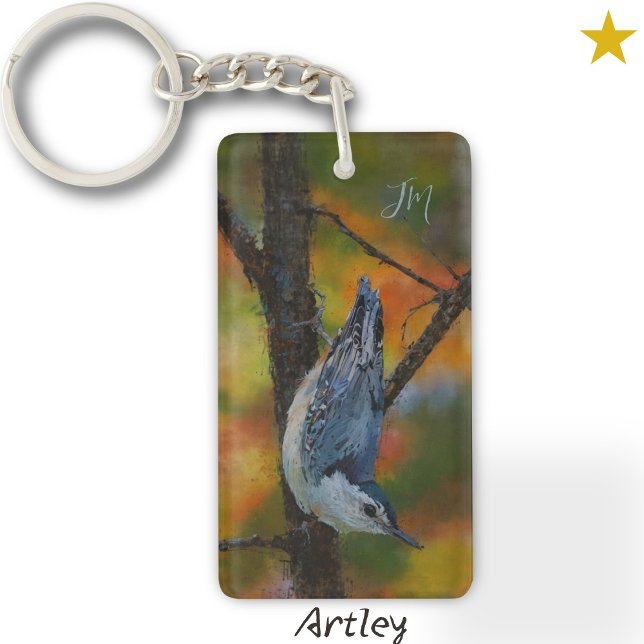 White Breasted Nuthatch Bird Painting Initials  Key Ring (Creator Uploaded)