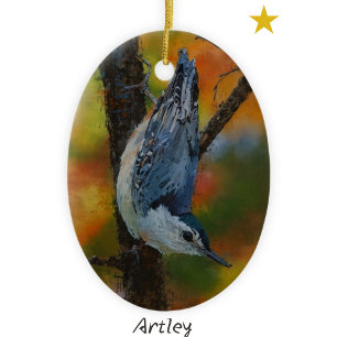 White Breasted Nuthatch Bird Painting Year Ceramic Tree Decoration