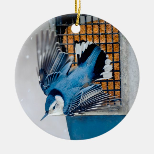 White-Breasted Nuthatch in Snow - Original Photo Ceramic Tree Decoration (Front)