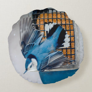 White-Breasted Nuthatch in Snow - Original Photo Round Cushion