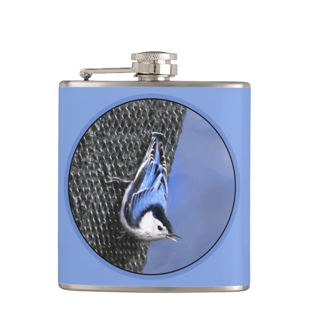 White-Breasted Nuthatch Painting Original Bird Art Hip Flask (Front)