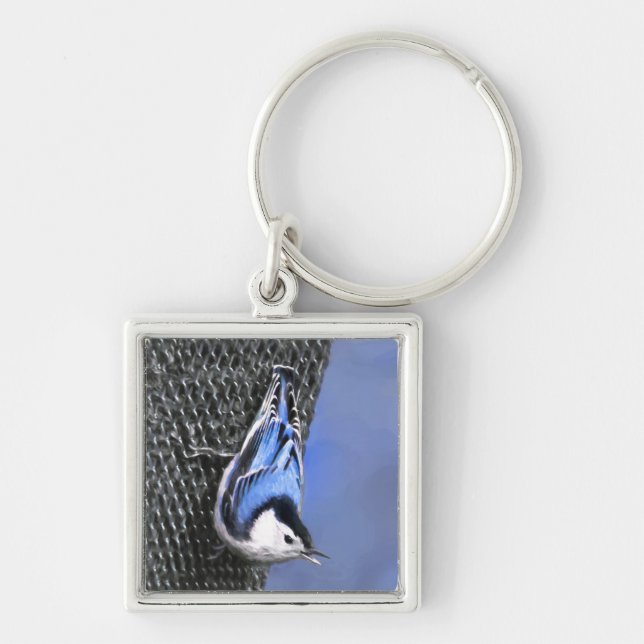 White-Breasted Nuthatch Painting Original Bird Art Key Ring (Front)
