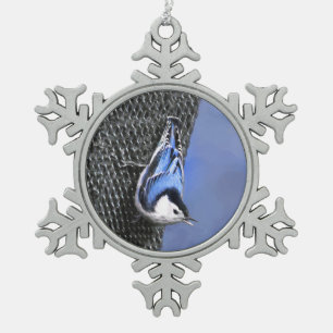 White-Breasted Nuthatch Painting Original Bird Art Snowflake Pewter Christmas Ornament