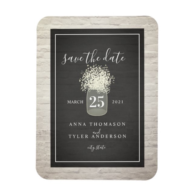 White Brick Baby's Breath Wedding Save The Date Magnet (Vertical)