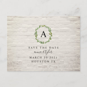 White Brick Monogram Wreath Wedding Save The Date Announcement Postcard