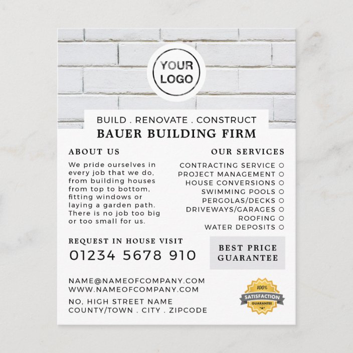 White Brick Wall, Building Firm, Builders Advert Flyer | Zazzle.co.uk