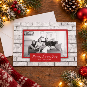 White Brick Wall Peace Love Joy Holiday Photo Card