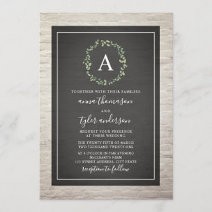 White Brick Wreath Monogram Wedding Invitation