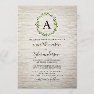 White Brick Wreath Monogram Wedding Invitation