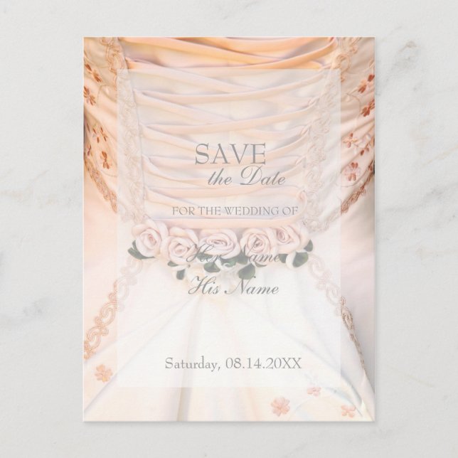 White Bridal Dress with Roses SAVE THE DATE Announcement Postcard (Front)