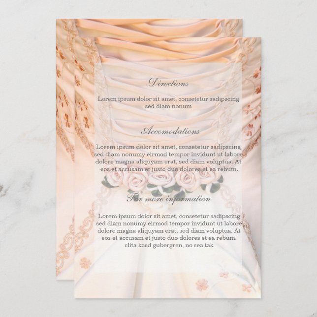White Bridal Dress with Roses Wedding Directions Invitation (Front/Back)