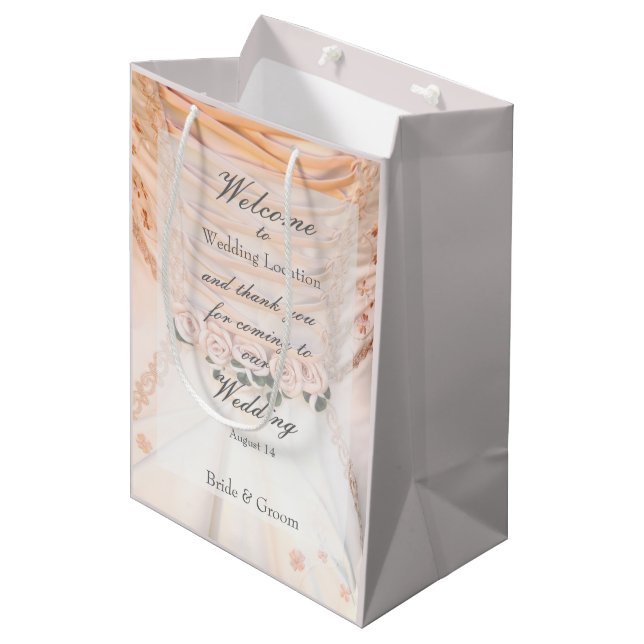White Bridal Dress with Roses Wedding Medium Gift Bag (Front Angled)