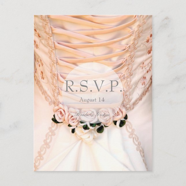 White Bridal Dress with Roses Wedding RSVP Invitation Postcard (Front)