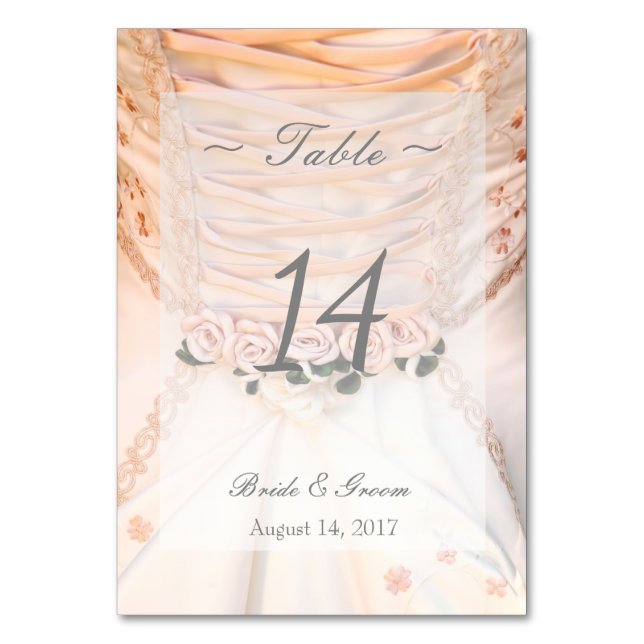 White Bridal Dress with Roses Wedding Table Number (Front)