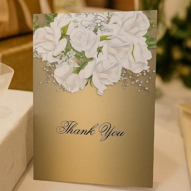 White Bridal Rose Bouquet, Gold Wedding Thank You Card (White Bridal Rose Bouquet Gold Wedding Thank You Card by the Elegant Wedding)
