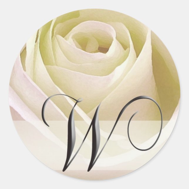 White Bridal Rose Monogram Sticker...Initial W Classic Round Sticker (Front)