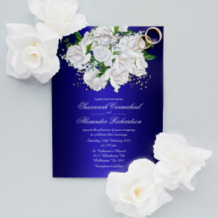 White Bridal Roses on Dark Blue Wedding Invite Postcard