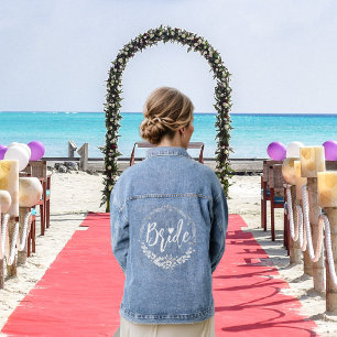 White bride typography and floral wreath wedding denim jacket