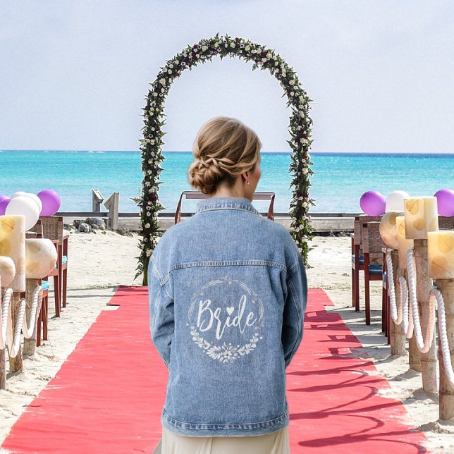 White bride typography and floral wreath wedding denim jacket (Creator Uploaded)