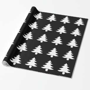 White Bright Christmas Tree Holiday Pattern Black Wrapping Paper