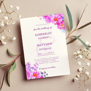 White bright pink lilac watercolor floral Wedding Invitation