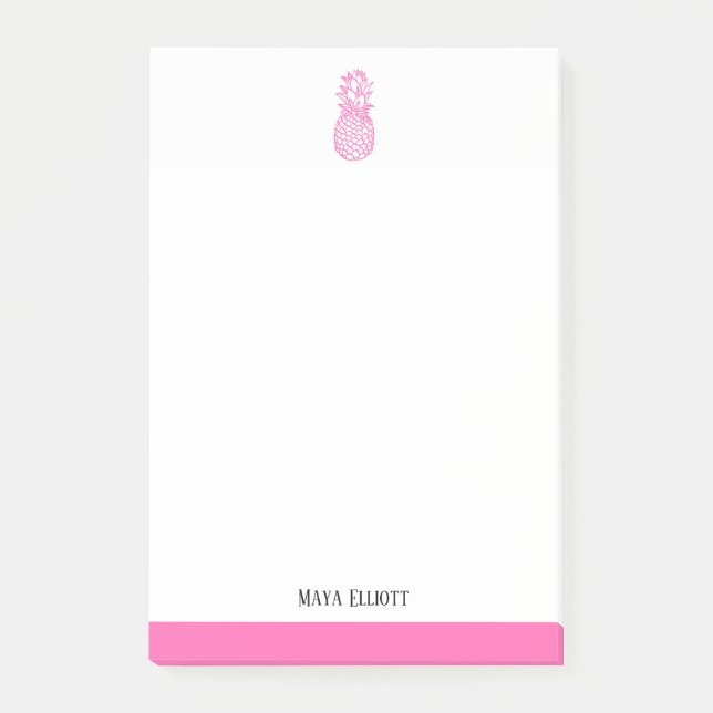 White & Bright Pink Pineapple & Border, Name Post-it Notes (Front)