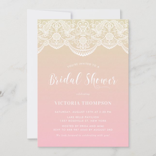 White Brocade Lace Pink Ombre Bridal Shower Invitation (Front)