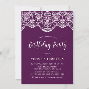 White Brocade Lace Purple Birthday Party Invitation