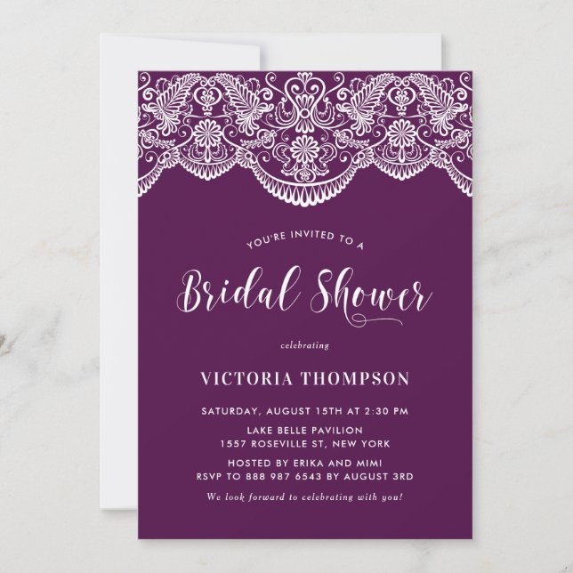 White Brocade Lace Purple Bridal Shower Invitation (Front)