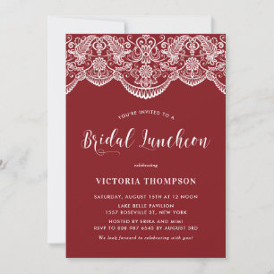 White Brocade Lace Red Bridal Luncheon Invitation