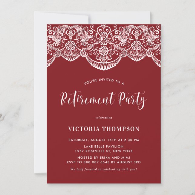 White Brocade Lace Red Retirement Party Invitation (Front)