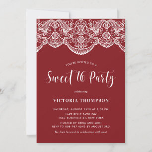 White Brocade Lace Red Sweet 16 Party Invitation