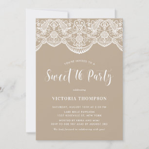White Brocade Lace Taupe Sweet 16 Party Invitation