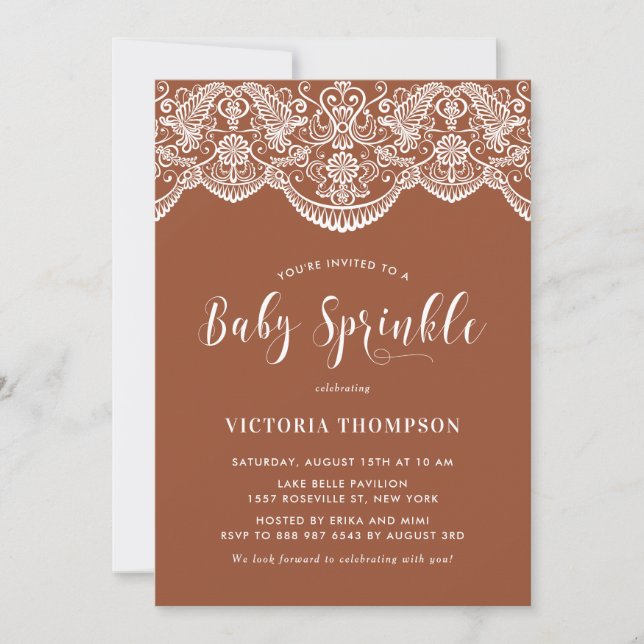 White Brocade Lace Terracotta Baby Sprinkle Invitation (Front)