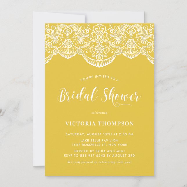 White Brocade Lace Yellow Bridal Shower Invitation (Front)