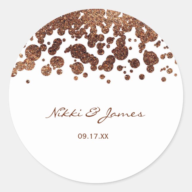 White & Bronze Confetti Dots Glamour Shimmer Classic Round Sticker (Front)