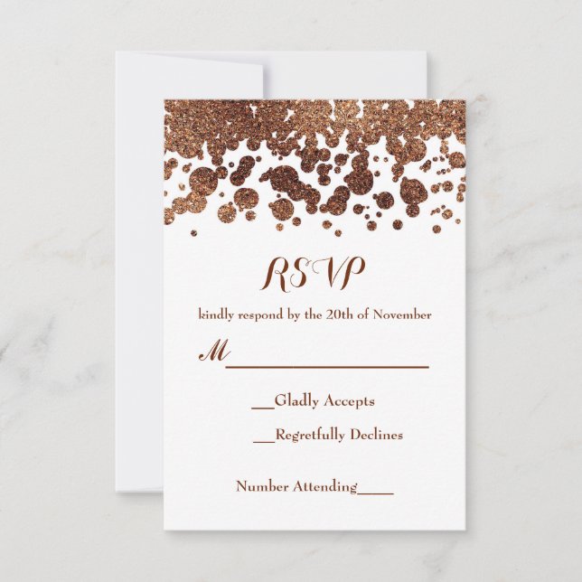White & Bronze Confetti Dots Glamour Shimmer RSVP Card (Front)