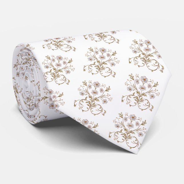 White brown blue floral pattern neck tie (Rolled)